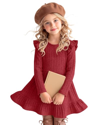 Hyggeweir Toddler Girls' Long Sleeve Sweater Dress 3t-8Y Red 3-4T