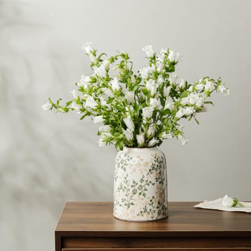Image of Ceramic Flower Vase | Green Rustic Farmhouse Vase for Home Decor, Vintage Floral Pottery Tuscan Decorative Vase for Living Room & Kitchen, Mantel & Bookshelf, Centerpieces, Entryway, Wedding(7.8 Inch)