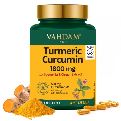 VAHDAM Turmeric Curcumin Supplement 1800mg (500mg Curcuminoids) with Boswellia & Piperine | 90 Capsules