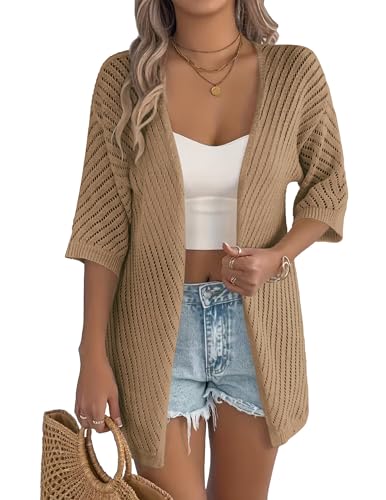 Image of Zeagoo Lightweight Summer Cardigan for Women Short Sleeve V Neck Crochet Kimonos Loose Open Front Hollow Out Cover Ups