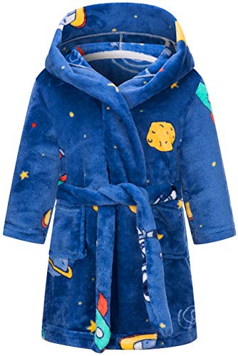 Toddler Robes Boys Girls Bathrobes Plush Hooded Kids Pajamas Cartoon Bath Towel (Cosmos, US 5T/Height 47.2