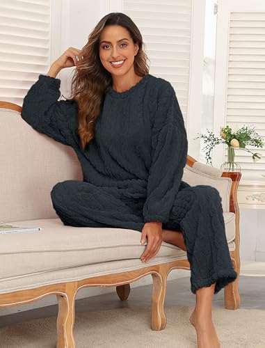 Pajamas for Women Sets Soft Comfy Fluffy Pajama Fleece Pullover Ribbed Pjs Warm Plush Lounge Sleepwear 2 Piece3