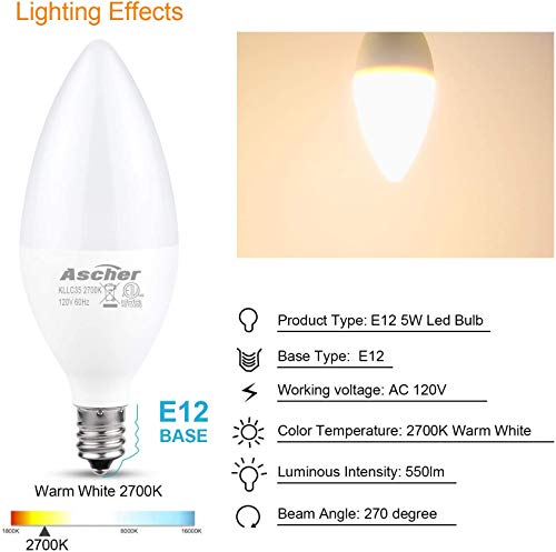 Ascher Classic E12 LED Candelabra Light Bulbs, Equivalent 60W, 550 Lumens, Warm White 2700K, Chandelier Bulb, Non-dimmable, Candelabra Base, Pack of 5