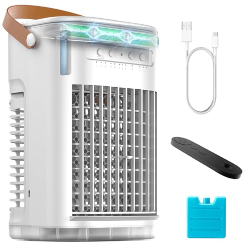 Portable Air Conditioners w/Remote, Mini Air Conditioner, 5400mAh Built-in Battery, 1.2L Water Tank & Ice Box, Auto-off Timer, Evaporative Air Cooler With 3Speeds, Desktop Fan For HomeOutdoors