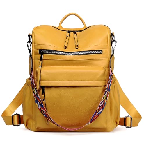 Dora & Liz Damen-Rucksack, Geldbörse, Lederrucksack, Geldbörse für Damen, Reise, modischer Rucksack, Designer-Damen-Schultertaschen, gelb, Medium, modisch