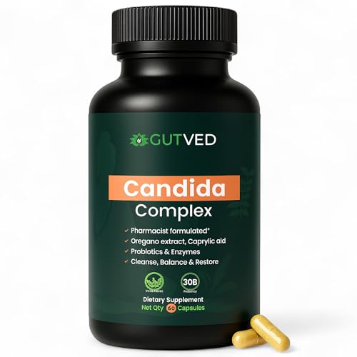 GUTVED Candida Complex with Caprylic Acid for Men & Women Anti Overgrowth Balance and Restore Supplement for Yeast Healthy Gut Flora & Skin with 30B/g Probiotic Oregano Senna - 1 Month Supply