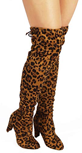 Wild Diva Women's Over The Knee Boot - Sexy Over The Knee High Pullon Boot - Trendy Low Block Heel Shoe - Comfortable Boot (6.5, Camel Leopard)3
