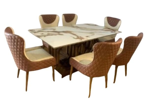 Modern 6 Seater Dining Table Set with Quilted Chairs, Marble Top, Brown ...