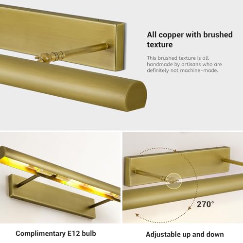Brass Picture Light, 30inch Picture Lights for Wall, Hardwired Wall Lights for Picture, Large Wall Picture Light, Dimmable Picture Lights, Art Light for Painting Display Artwork Portrait