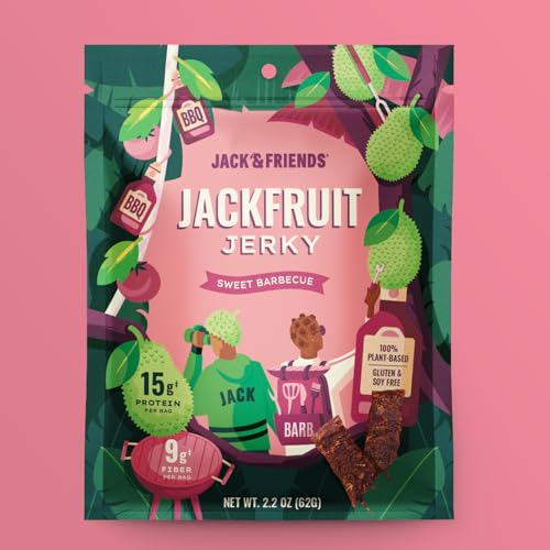 Jack & Friends Jackfruit Jerky - Sweet BBQ - 15g Protein - 9g Fiber - 100% Plant Based Jerky - Gluten Free - Soy Free - Vegan - Low Sugar - All Natural Ingredients - 2.2 oz (Pack of 1)