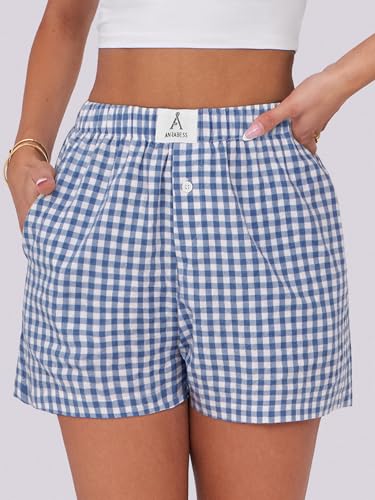 Image of ANRABESS Boxer Shorts for Women Gingham Pajama 2026 Summer Casual Lounge Sleep Plaid Shorts Y2K Beach Bottoms