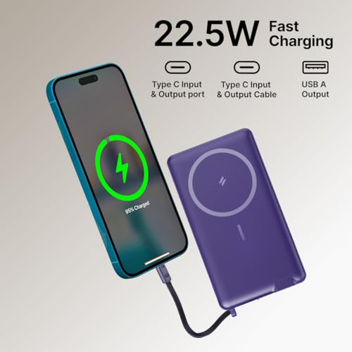 Image of pTron Dynamo Dash Magnetic Wireless 10000mAh Fast Charging Slim Power Bank, MagSafe, 22.5W Output, Compatible w /iPhone 12 /13 /14 /15 /16, Android & Other Qi Enabled Devices, Type-C Input (Purple)