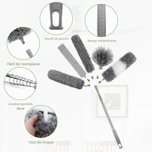 Miniatura 6 de Alitree 7 Piezas Plumero Telescopico Extensible, Microfibra Lavable Plumero Atrapapolvo Longitud 40-250cm, Plumero De Limpieza Reutilizable, Para Huecos, Techos, Telarañas, Ventiladores De Techo