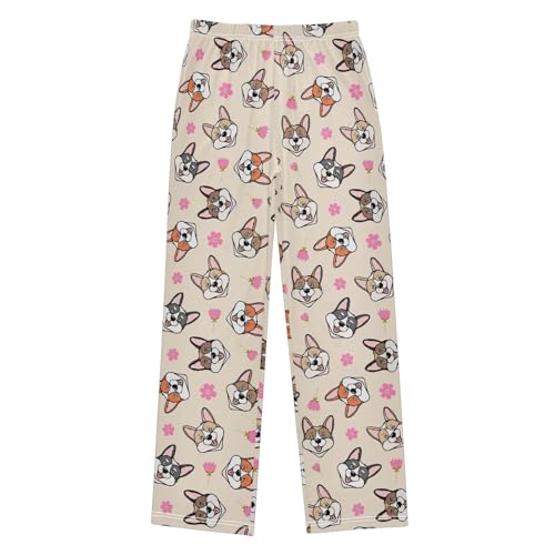 Corgi Dog Pink Flowers Boys Long Pants Soft Trousers Elastic Waist Kids Lounge Bottoms with Pockets S-XL