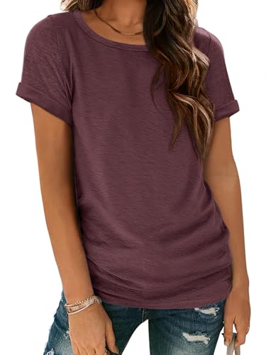 ATHMILE T Shirts Short Sleeve Scoop Neck Tees Womens Fashion Tunic Tops Loose Fit Lightweight Casual Summer Outfits Clothes 2025 Wine Red