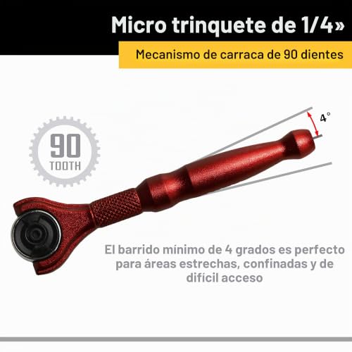 Miniatura 6 de Titan 11320 Micro Trinquete De Cabeza Giratoria De 90 Dientes De 1 4 Pulgadas X 4 Pulgadas, Color Rojo