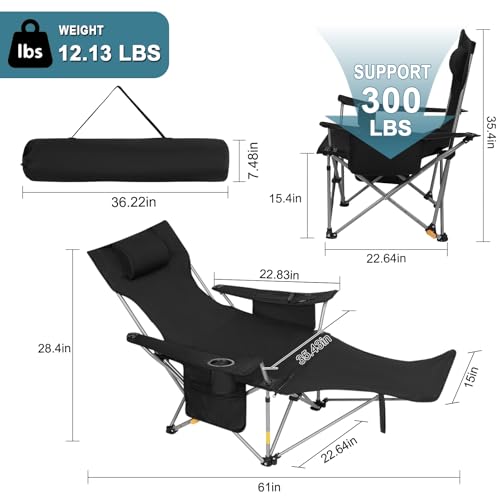 Image of 2Pack 4-Position Reclining Camping Chair with Removable Footrest, 2-in-1 Adjustable Portable Lounge Chair with Cooler Bag, Cup Holder, Side Pockets & Carry Bag for Outdoor, Black