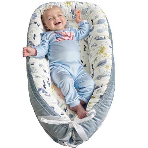 Baby Lounger for Newborn Cover - Newborn Lounger for 0-12 Months, Breathable & Portable Infant Lounger - Adjustable Cotton Soft Baby Floor Seat for Travel, Newborn Essentials(Blue)