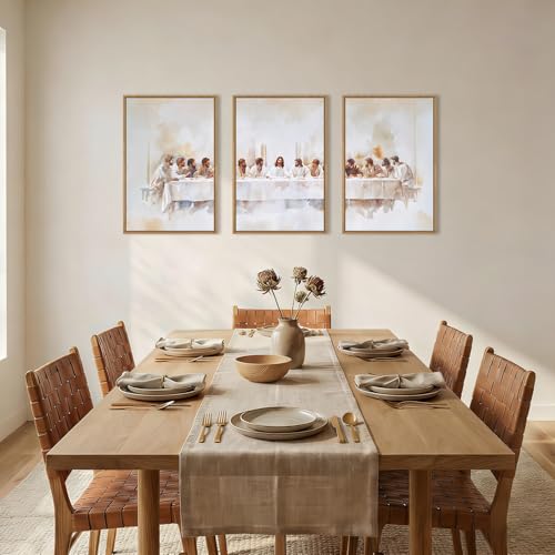 Image of KAIRNE Jesus Last Supper Framed Canvas Wall Art Set, Christian Twelve Apostle Wall Decor, Bible Renaissance wall Painting, Religious Picture Art Print for Living Room, Bedroom, Church-16 x24 x3