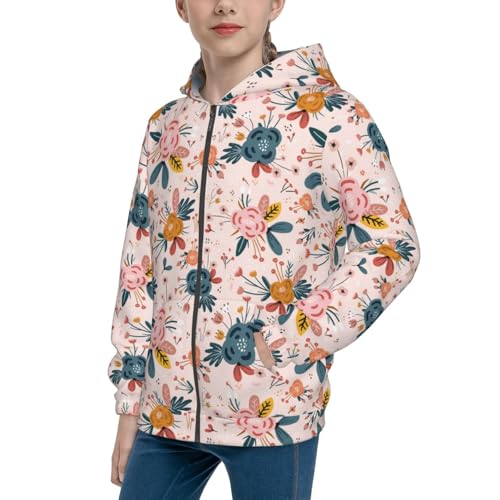 Floral with Rose Kid Hoodies Boys Zip Up Sweatshirts Girls Pullover with Pocket
