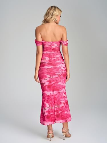 Image of KUTUMAI Off The Shoulder Maxi Long Dress Corset Ruched Bodycon Cocktail Formal Wedding Guest Dresses for Women
