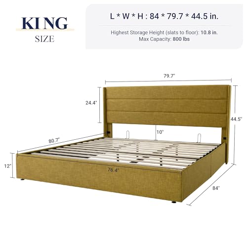 Allewie King Size Lift Up Storage Bed, Modern Wingback Headboard, Hydraulic Support, No Box Spring Needed, Olive Yellow