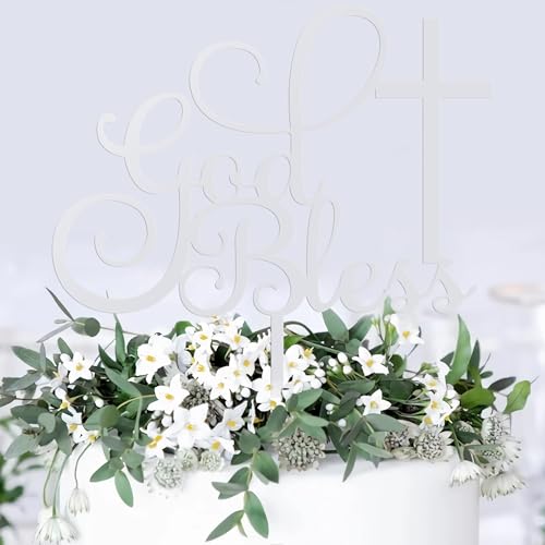 God Bless Cake Topper - Glitter Silver Acrylic Baptism Cake Decorations, Cross Cake Pick (Silver)