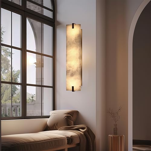 Image of 24.7 inch Natural Square Alabaster Marble Modern Concise 2 Pack 2 Light Wall Sconce Fixture,Oil Rubbed Bronze Finish for Bathroom Bedroom Hallway Bedside Staircase Vanity Mirror