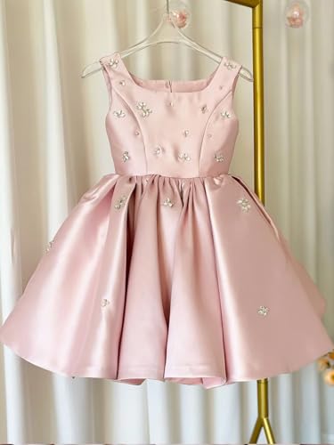Satin Short Flower Girl Dress for Wedding Beaded A-line Pageant Dress for Kids Sleeveless Formal Gown3