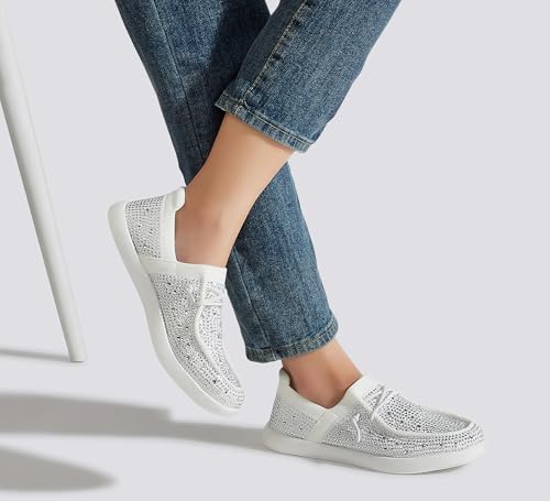 Image of BELOS Women's Rhinestone Lace Up Loafers Shoes Comfortable Slip On Mesh Knit Walking Shoes Fashion Lightweight Sparkly Glitter Sneaker
