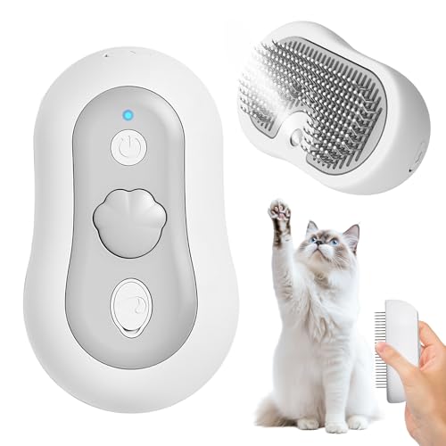 Katzenbürste mit Dampf & Auslöseknopf, Wiederaufladbar Dampfbürste von Katze Hunde, Massage Steamer Kamm Katzenbürste mit Wasser Tank für Langhaar und Kurzhaar zum Entfernen Losem Fell und Schmutz