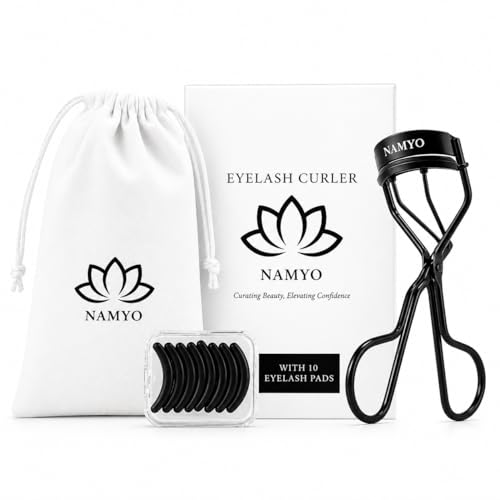 NAMYO Eyelash Curler with 10 Refill Pads – Professional Lash Curler for Almond, Hooded & Deep-Set Eyes – Ergonomic Handle, No-Pinch Design – Black
