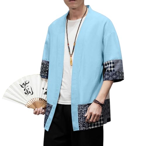 Image of PRIJOUHE Men's Kimono Jackets Cardigan Lightweight Casual Cotton Blends Linen Seven Sleeves Open Front Coat Outwear