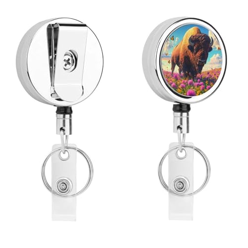 Buffalo Bison Field Retractable Badge Holder Metal ID Name Holder Key Ring with Belt Clip
