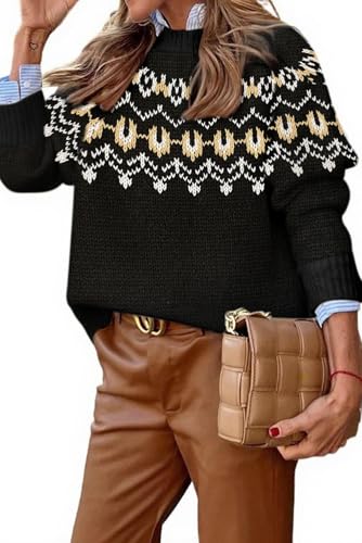 Image of EARKOHA Women's Casual Mock Neck Ribbed Sweater Pullover 2026 Fall Long Sleeve Print Fair Isle Sweater Top