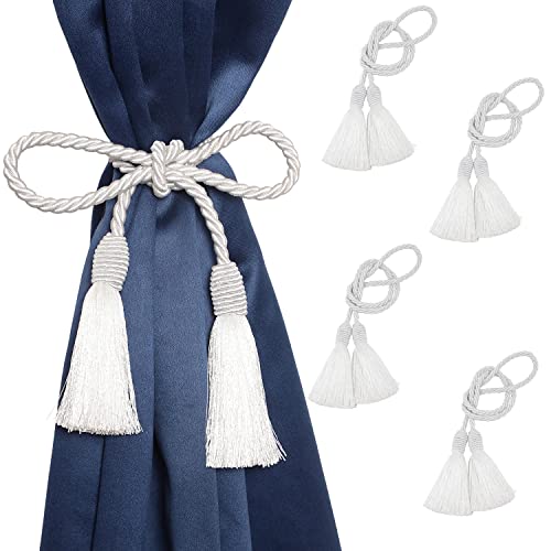 Image of 4 Pack Curtain Tiebacks Handmade Decorative Curtain Holdbacks Rope with Tassel - White