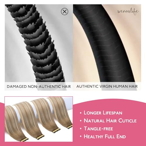 Image of WENNALIFE Tape in Hair Extensions Human Hair Balayage Dirty Blonde with Platinum Ends Tape in Extensions, 10pcs 20g 10 inch Remy Invisible Tape Ins Straight Colored Soft Refill Set