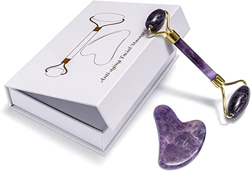 Gua Sha et rouleau de massage visage en améthyste pour drainer la peau et lisser les rides