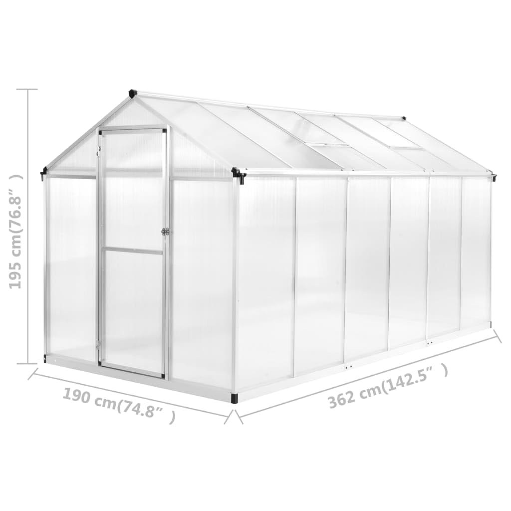 Aluminiowa szklarnia, 362 x 190 x 195 cm, 13,41 m³, płyty poliwęglanowe z wentylacją, odporna na promieniowanie UV, stabilna konstrukcja ramowa do uprawy i wysiewu