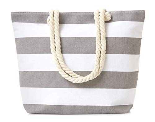Bolso tote de lona resistente al agua de Leisureland para playa, con asas de cuerda y diseño a rayas gris miniatura 2