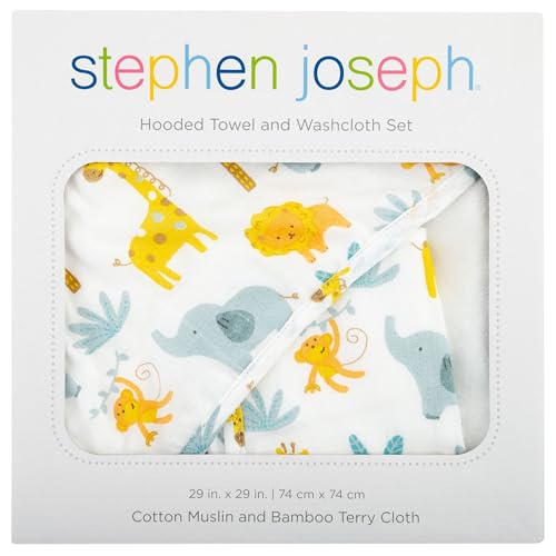 Image of Stephen Joseph Baby Muslin Hooded Towel with Washcloth, Zoo