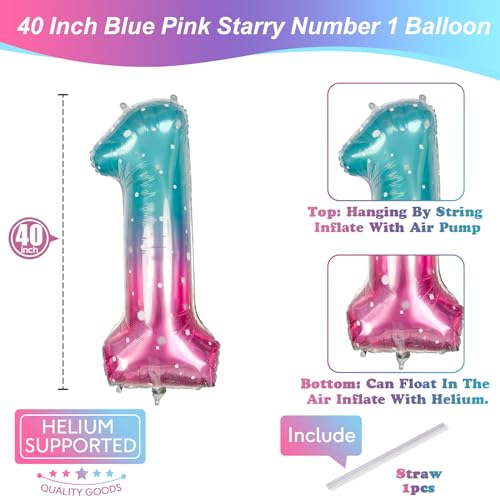 Image of 40 Inch Blue Pink Number 1 Balloon for 1st Birthday Decoration, Large Rainbow Mermaid Mylar Foil Number Balloons 0-9 for Girl, Starry One Helium Balloons for Women 1st Anniversary Magic Party Supplies