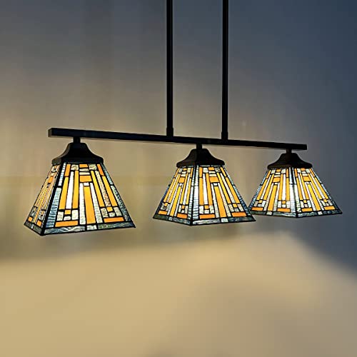 Image of Tiffany Pool Table Lights,Stained Glass 3-Lights Kitchen Island Lighting,Antique Style Hanging Pendant Lighting Fixtures for Dining Room Gameroom Bars