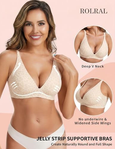 Image of Womens Deep V Wireless Bra No Underwire Seamless Comfort Support Tshirt Push Up Bralette for Everyday /Sleep