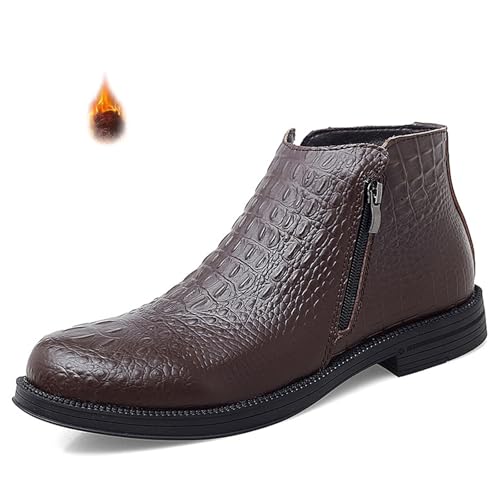 Image of Men's Genuine Leather Alligator Printed Low Heel Ankle Boots Fashion Round Toe Side Zipper Business Dress Booties for Office Work