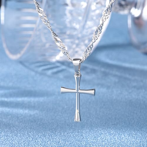 Small Cross Pendant Necklace for Women, 18" + 2" Wave Chain Stainless Steel3