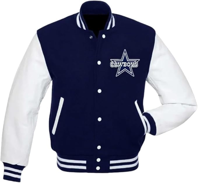 Cowboys Varsity Jacket Men's Style Letterman Jacket Navy Blue & White Football Fan Bomber Wool & Real & Faux Leather Sleeves2