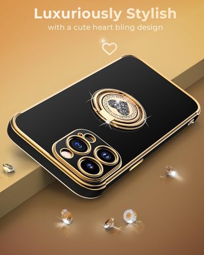 Image of XYZ for iPhone 14 Pro Back Cover Case with Stand, Phone Case with Double Ring Kickstand, Women Girls Bling Luxury Protective Case Heart for iPhone 14 Pro, Black | Double Ring Holder, Cute Love-Heart, Phone Chain Wristlet, Wrist Strap, Women Girls Bling Luxury Protective Case, Black
