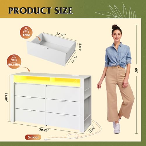 WLIVE 6 Drawer Led Dresser for Bedroom, 50.79'' White Wood Dresser Storage Organizer with Power Outlets for 55'' TV, Dressers with Open Shelves, Hanging Rack, Chest of Drawers for Closet, Living Room
