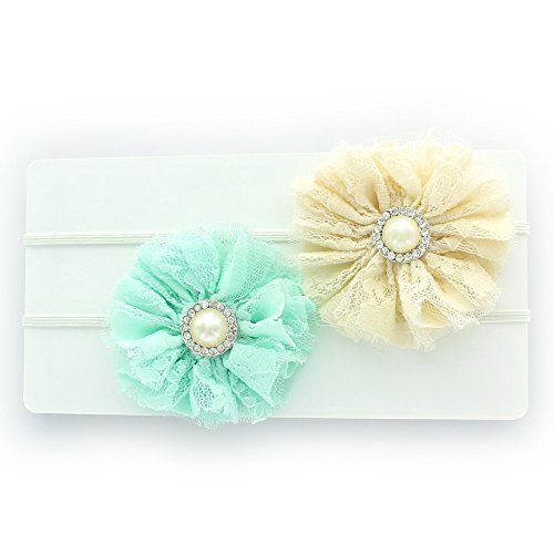 My Lello Baby/Toddler Girls Headbands Lace w/ Pearl Flower Skinny Elastic 2 Pack (Aqua/Ivory)
